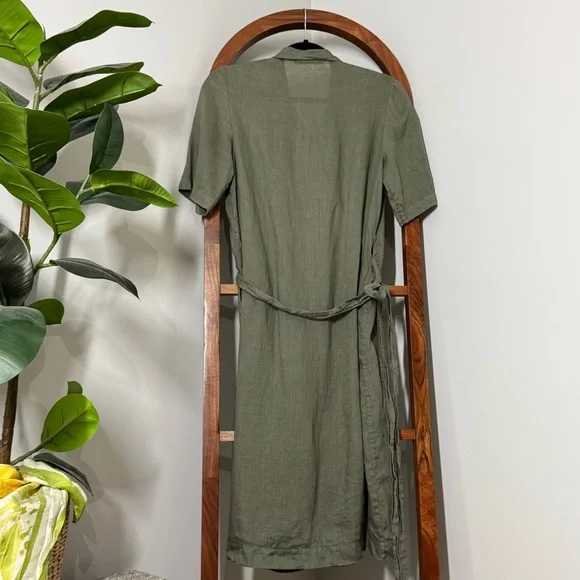 Rachael Harrah MEDIUM Olive Green 100% Linen Wrap Dress USA Made - Picture 3 of 9